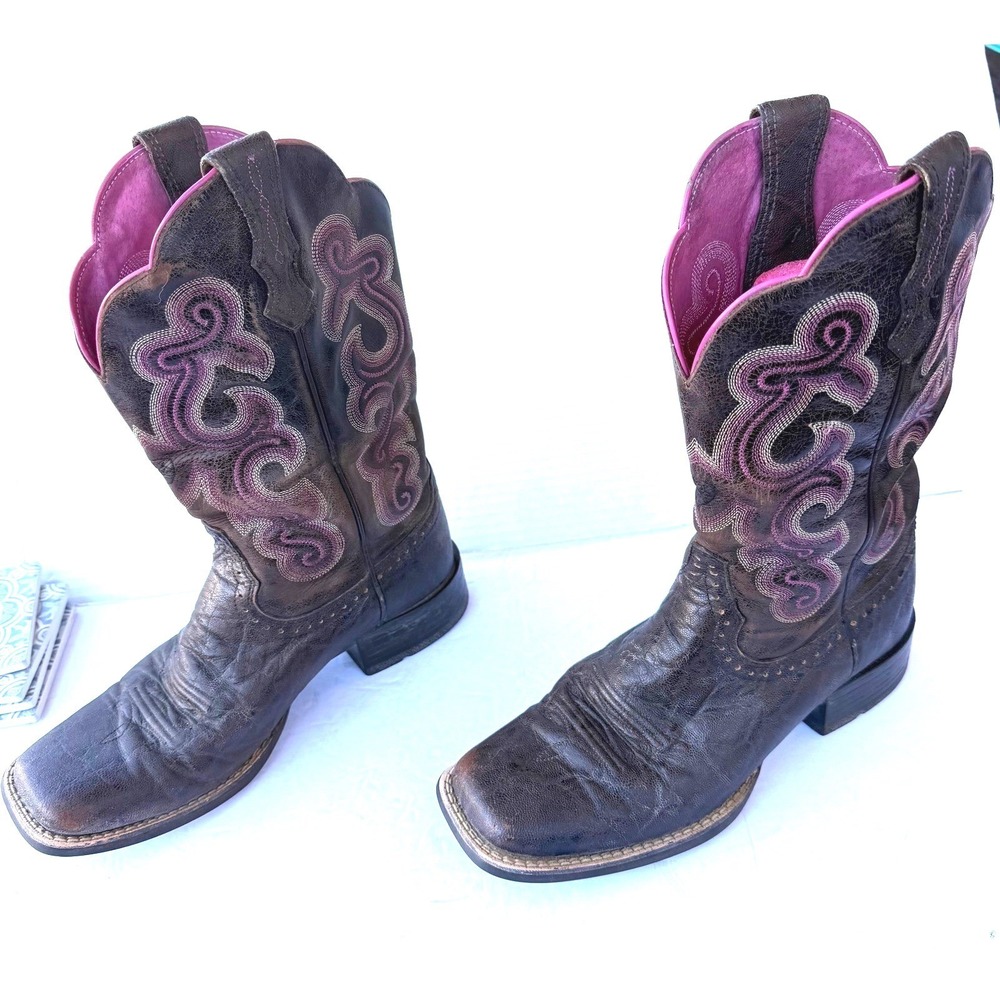 Ariat Brown Pink Embroidered Western Distressed Square Toe Midcalf Boots 7.5
